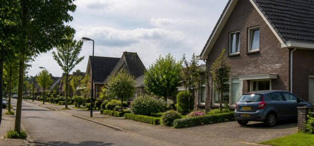 Rustige woonstraat in een Duits grensdorp met vrijstaande huizen en groen