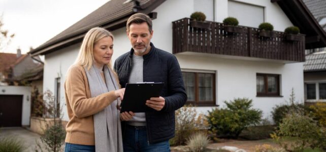 Stel bekijkt een woning in een rustige Duitse woonwijk met een checklist