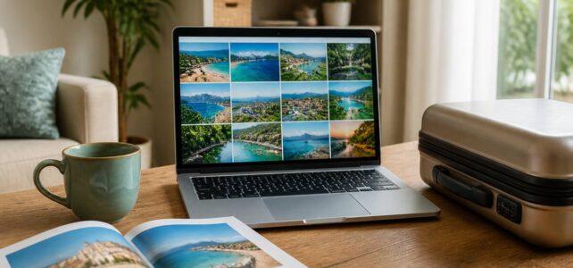 Laptop en reisgids op tafel terwijl je vakanties vergelijkt