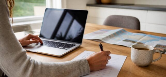 Checklist en laptop voor een vakantiekeuze in een lichte woonkamer