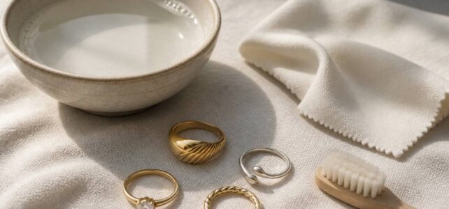 Ringen schoonmaken en onderhouden: praktische tips voor dagelijks gebruik Ringen met zachte doek en borsteltje voor schoonmaak en onderhoud
