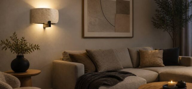 Sfeervolle woonkamer met wandlamp aan een neutrale muur