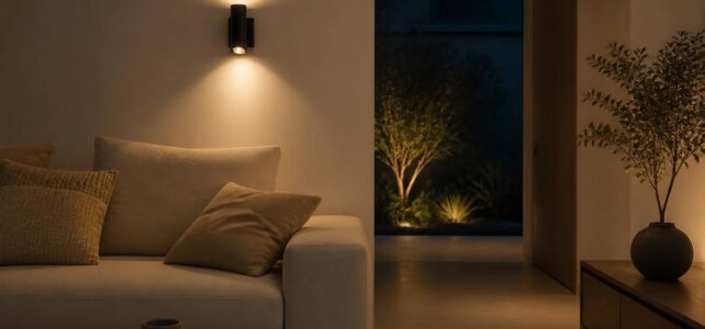 Wandlamp naast een bank met warm licht op de muur