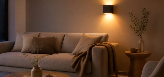 Warme wandlamp aan een neutrale muur in een moderne woonkamer