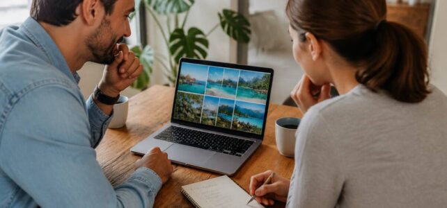 Een checklist voor vakantieplanning naast een laptop met vergelijkingsopties