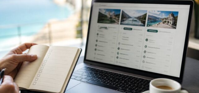 Een rustige checklist op tafel naast een laptop met reisplannen (zonder leesbare tekst).
