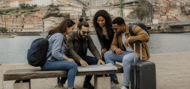 Reizigers die rondreis en vakantieopties vergelijken bij een waterfront in een Europese stad