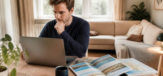 Veelgemaakte fouten bij reizen en vakanties vergelijken (en hoe je ze voorkomt) Iemand vergelijkt vakanties op laptop en telefoon in een lichte woonkamer