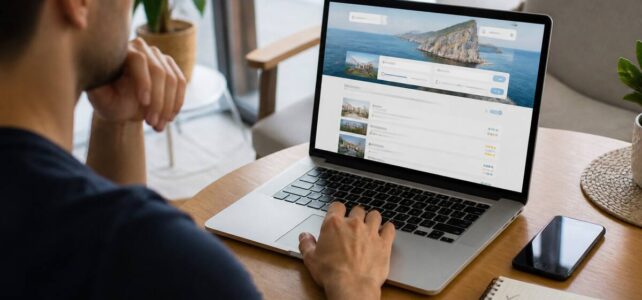 Veelgemaakte fouten bij rezen en vakanties vergelijken (en hoe je ze voorkomt) Iemand die vakanties vergelijkt met laptop en smartphone, met een checklist op papier