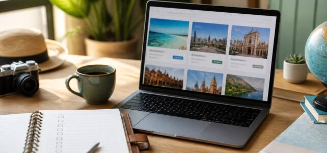 Veelgemaakte fouten bij reizen en vakanties vergelijken (en hoe je ze voorkomt) Checklist voor vergelijken van vakanties op een reisdesk met laptop en notitieboek.